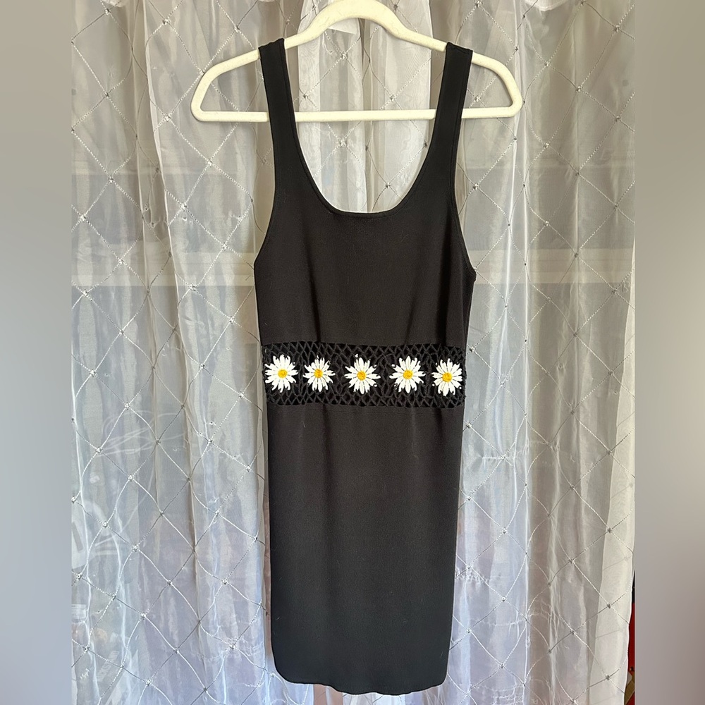Black Dress with Woven Daisy Print